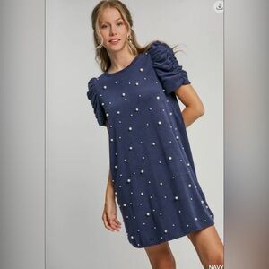 Umgee Navy Pearl-Embellished Terry Cloth Dress